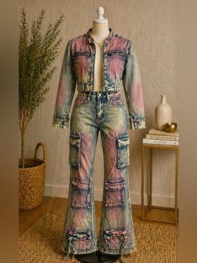 American Bazi Multicolor Tie-Dye Denim Jacket & Cargo Flare Jeans Size Small